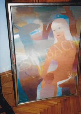 Gyenes Gitta - Lány őzikékkel, 100x70 cm, tempera, vászon, Jelezve balra lent: Gyenes Gitta, Fotó: Kieselbach Tamás